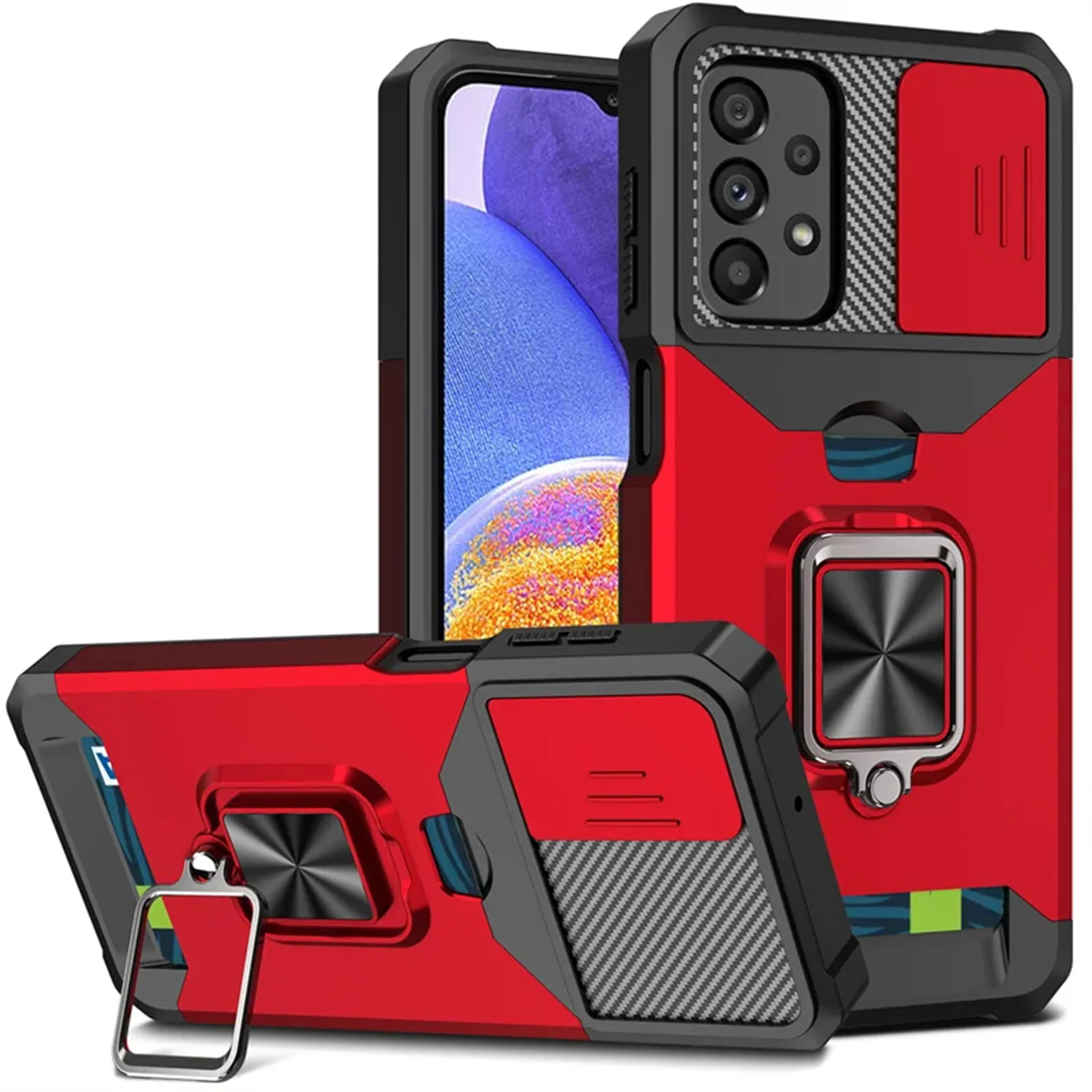 Premium Card Holder Case with Ring Stand & Rotating Slide Camera Lens - Military Armor Design