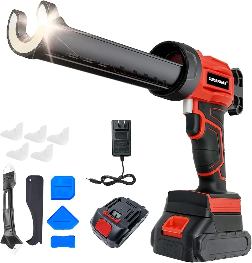 Cordless Caulk Gun, 21V Electric Caulking Gun Battery Powered with 2 Batteries & Charger & LED Light, 4 Adjustable Speeds