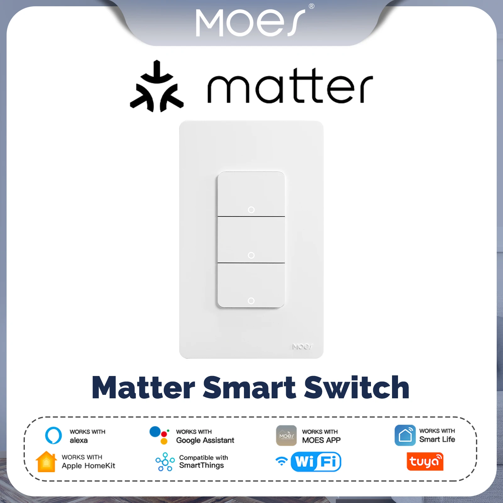 สวิตช์ไฟอัจฉริยะ MOES Tuya WiFi Matter  แบบมีสายกลาง  ควบคุมผ่านแอป  ออกแบบพร้อมสายดิน  รองรับ Alexa, Google Home และ Apple Home 1