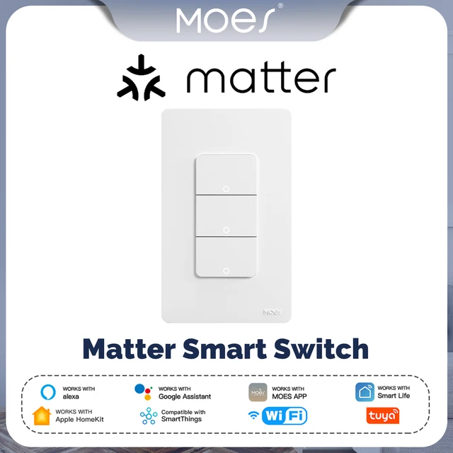 สวิตช์ไฟอัจฉริยะ MOES Tuya WiFi Matter  แบบมีสายกลาง  ควบคุมผ่านแอป  ออกแบบพร้อมสายดิน  รองรับ Alexa, Google Home และ Apple Home 1