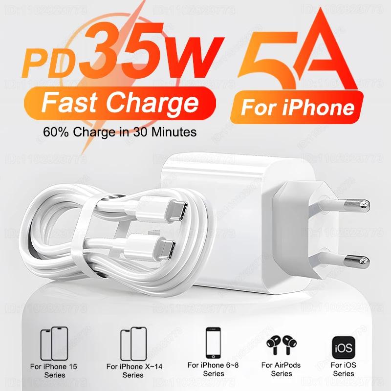 PD 35W USB-C Fast Charging Adapter with Type-C Cable - Premium Phone Charger Accessory