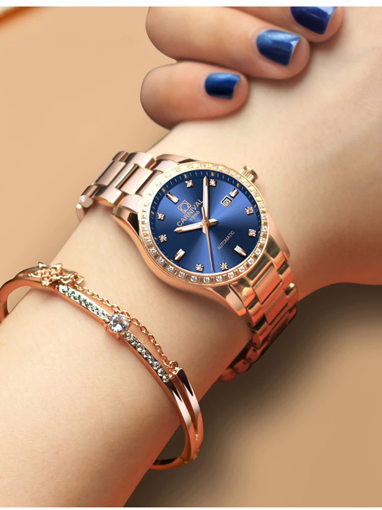 CARNIVAL New Luxury Rose Gold Blue Dial Watch Women Dress Automatic Mechanical Watches Bracelets Ladies Gift Reloj Mujer_voghion.com