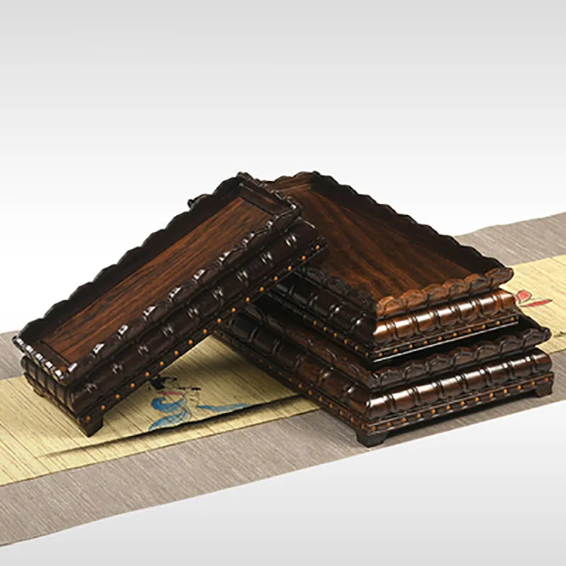 Redwood Carved Avalokitesvara Buddha Statue, Lotus Flower Square Base, Black Sandalwood, Rectangular Solid Wood Base