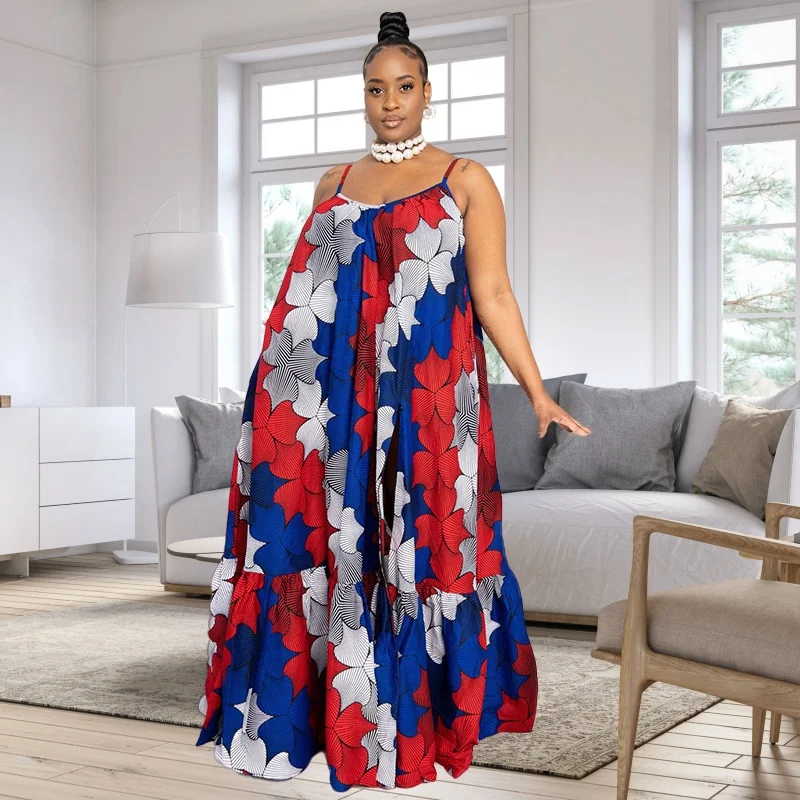 

L-4XL 2024 Spring Summer Plus Size Dresse African Women Clothing Halter Printing Split Loose Beach Sexy Casual Maxi Dress