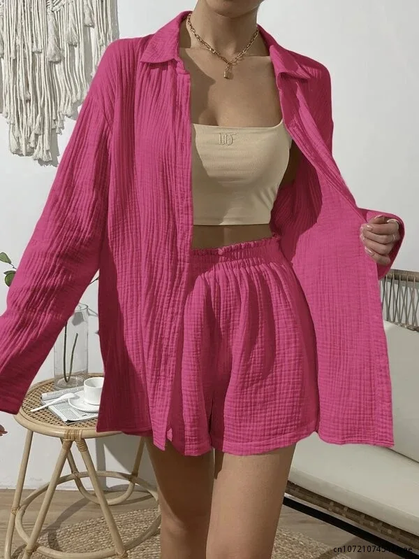 

Комплект для сна женский из 2 предметов, Хлопковая пижама с отложным воротником, топ и шорты, газовый кардиган, домашняя одежда, на лето