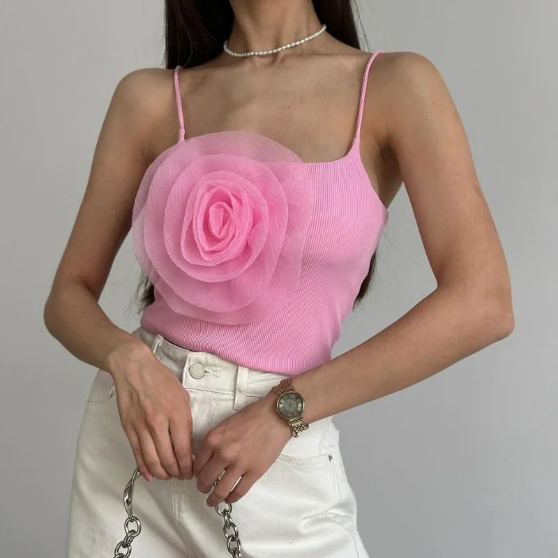 

2024 New Summer Spicy Girl Sexy Flower 3D Strap Vest Women's Slim Fit Versatile Fashion Top Y2k Accessories Street Wear TYFS59