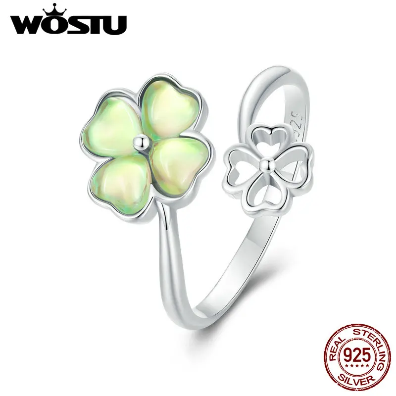 WOSTU 925 Sterling Silver Double Lucky Clover Open Ring For Women Green ...