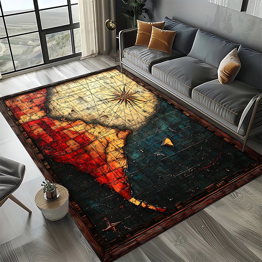 Nautical Map Rug – Retro Marine Compass Carpet | Non Slip Floor Mat for Living Room