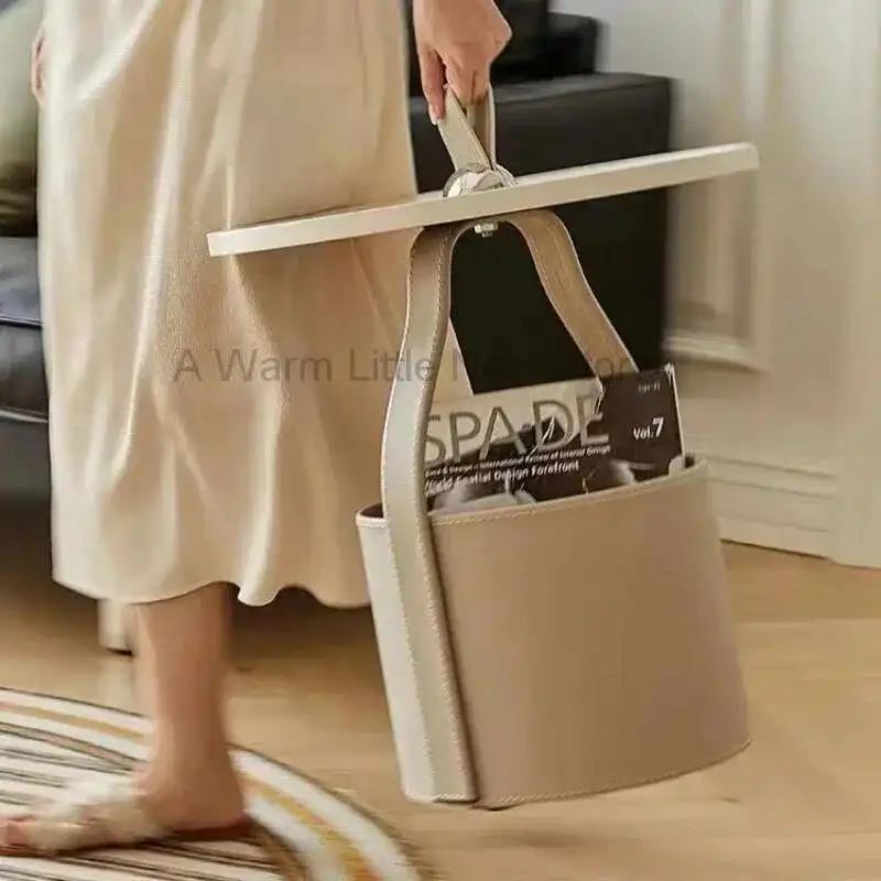 Sofa Side Mobile Round Coffee Table Bedroom Saddle Leather Bedside Cabinet Balcony Designer Hand Carry Storage Corner Table