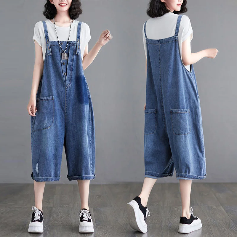 Denim Playsuits Women's Summer New Strap Shorts Over Knee Mid long Casual Jumpsuit Pant with Strap Wide Leg Pants Female Jeans