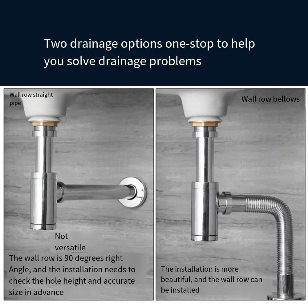 Without overflow Round P-Trap Waste Pipe Kit Solid Copper Adjustable Height Siphon Drainer Plumbing Tube Removable drainage pipe set