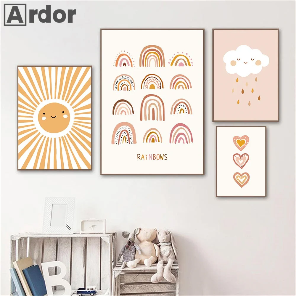

Rainbow Pink Clouds Gold Sun Heart Wall Art Canvas Painting Nordic Nursery Posters And Prints Pictures Baby Kids Bedroom Decor