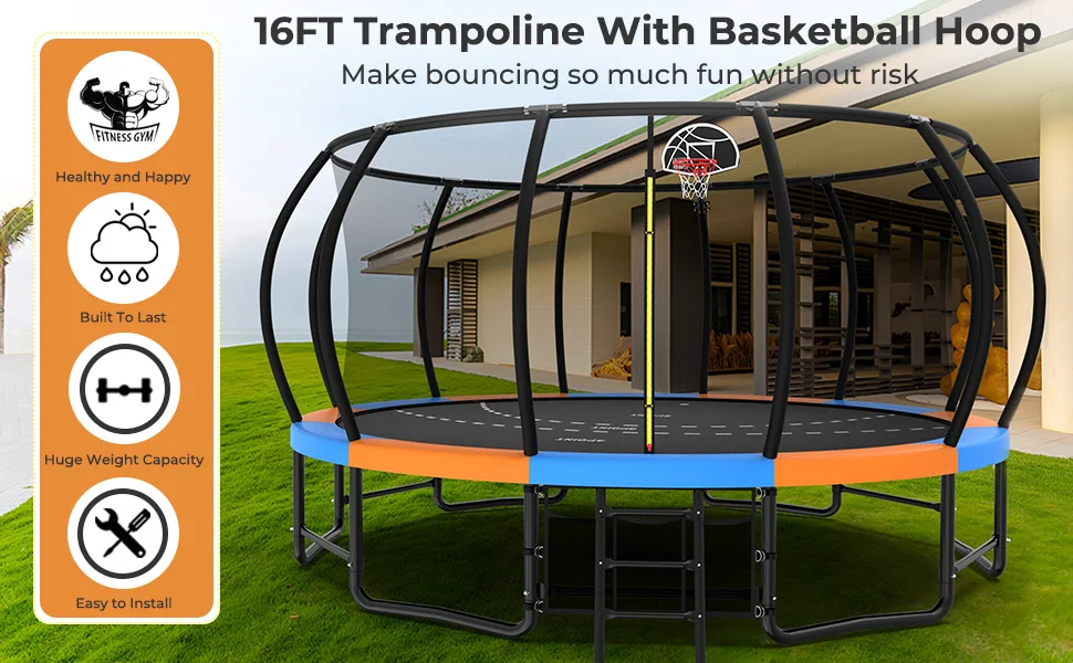 Description Picture 2 of item16 15 14 12  Upgrade Outdoor Trampoline for Kids and Adults, Pumpkin Trampolines with Curved Poles, Recreational Trampoline