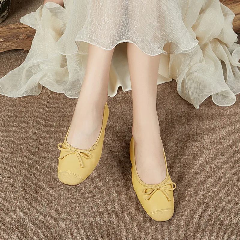 Retro Korean Bow Square Headed Baotou Grandma Shoes 2024 Summer New French Ballet Flat Shoes Women's Shoes