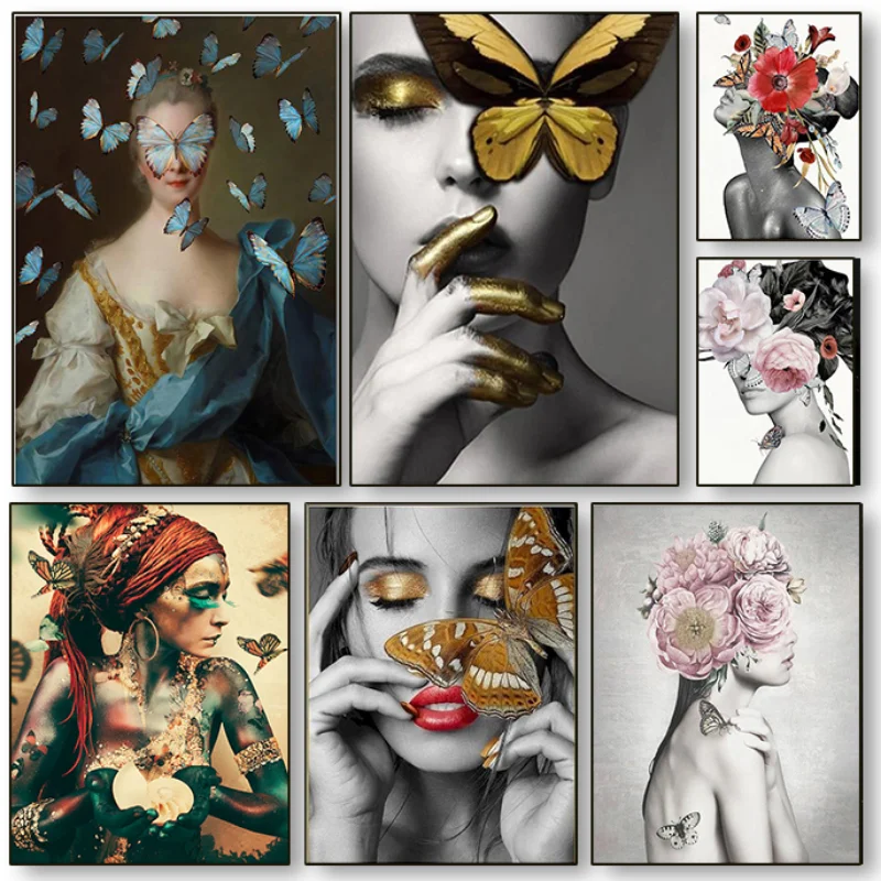 

Vintage Butterfly and Female Portrait Print Poster Art Canvas Painting Wall Nordic Style Retro Poster Home Wall Decor Picture