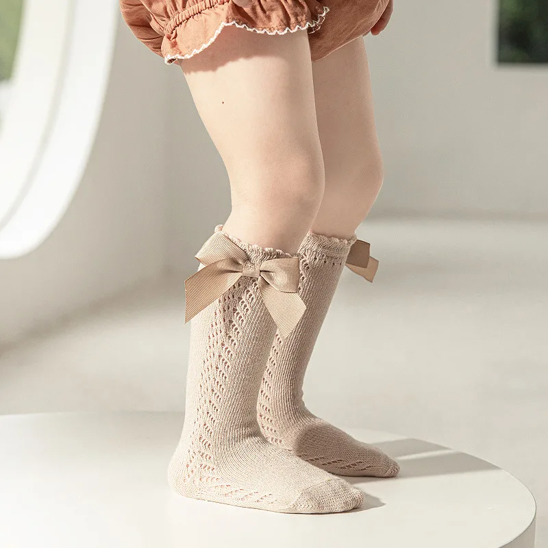 Baby Socks Children Socks Summer Kids Knee High Socks Baby Girls Boys Bow Long Sock Soft Cotton Mesh Breathable Children Hollow Out Socken For 0-7 Years