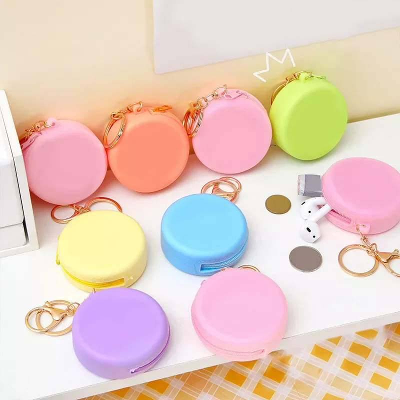 Mini Round Silicone Zipper Coin Purse Solid Color Small Wallet Change Pouch Key Holder Storage Keychain Bag Pendent
