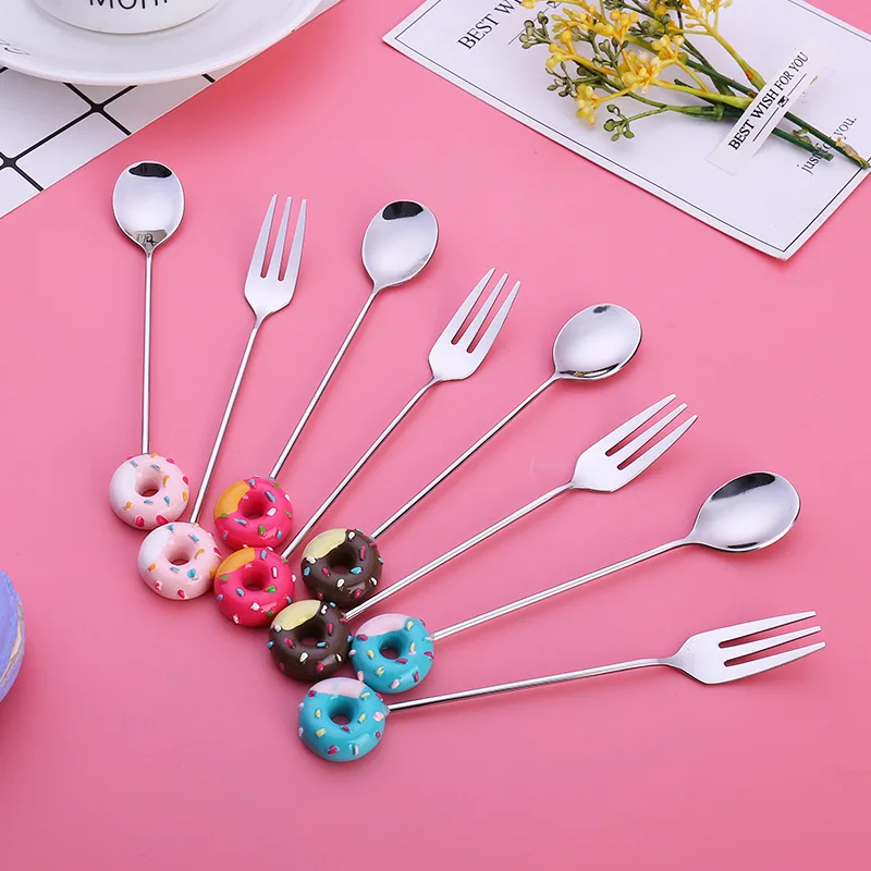 Donut Dessert Spoon Fork Flatware Coffee Ice Dinnerware Kitchenware Baby Kids silverware set portable cutlery