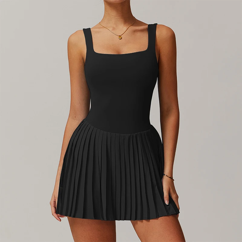 Hearuisavy Summer Tennis Skirt With Inner Lining Golf Pleated Skirt Suit Double Layer Design Dresses Workout Dress With Pockets