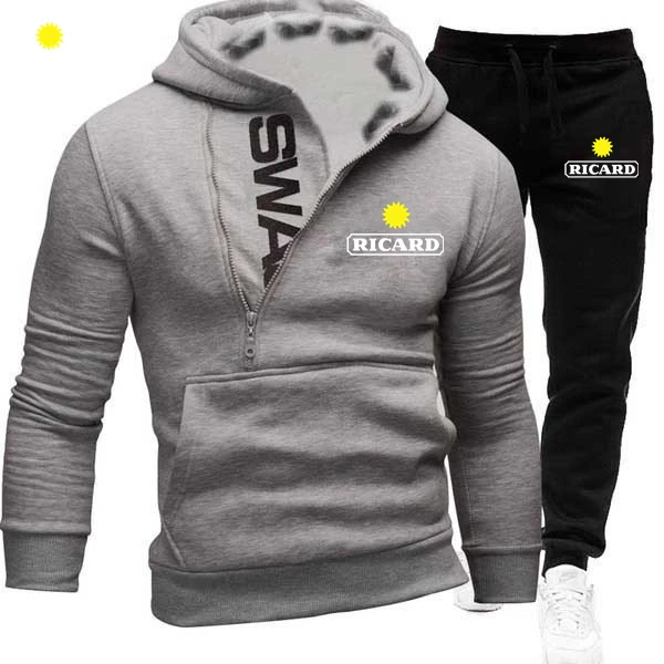 

Spring New RICARD Logo Printed Customizable Long Sleeve Men Pullover Hoodie+Pants Man Sportswear Suit Casual High Street Selling