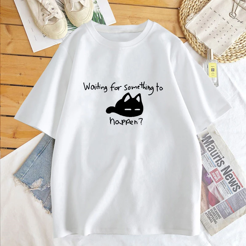 

2023 Cute Cat Kawaii Waiting To Happen Big Mori Print Tshirt Lover with Harajuku Anime Shirt Unisex Summer Tops Short-sleev Tee