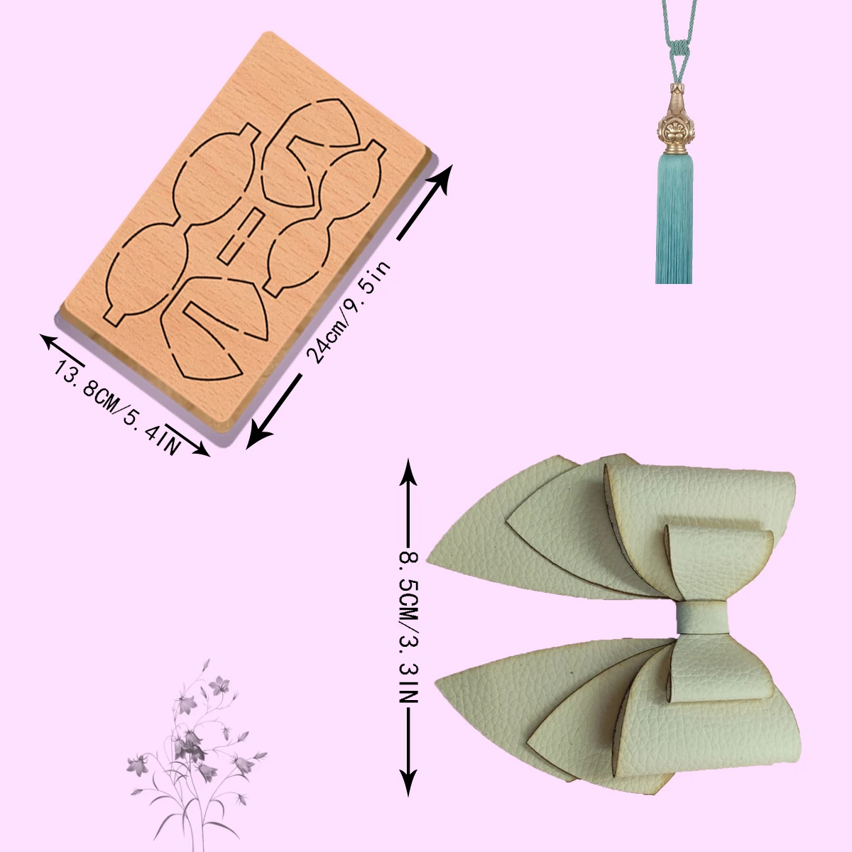 A piece 3.5-inch three layers rabbit-ear bow wooden cutting dies is used with most machines