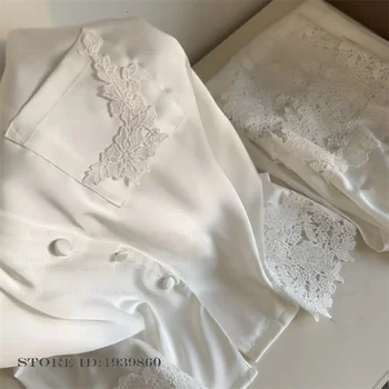 Elegants Lace 2PCS Pjs Set Women's Pijamas Homewear White Silk 1