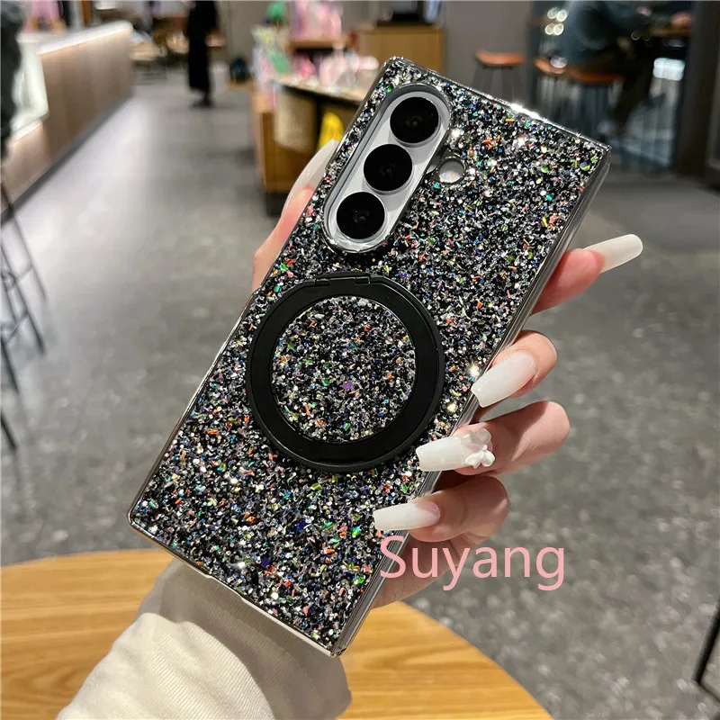 Magnetic Holder Kickstand Plating Bling Glitter Phone Case For Samsung Galaxy Z Fold 7 5G 6 5 4 3 Fold7 Fold6 Protect