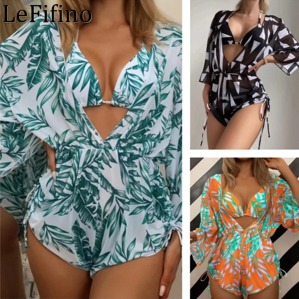 

Summer Fashion Leaves Print Drawstring Three Piece Deep V-neck Sexy Swimwear Set Seaside Vacation Suit Hot Spring Bikini Women's