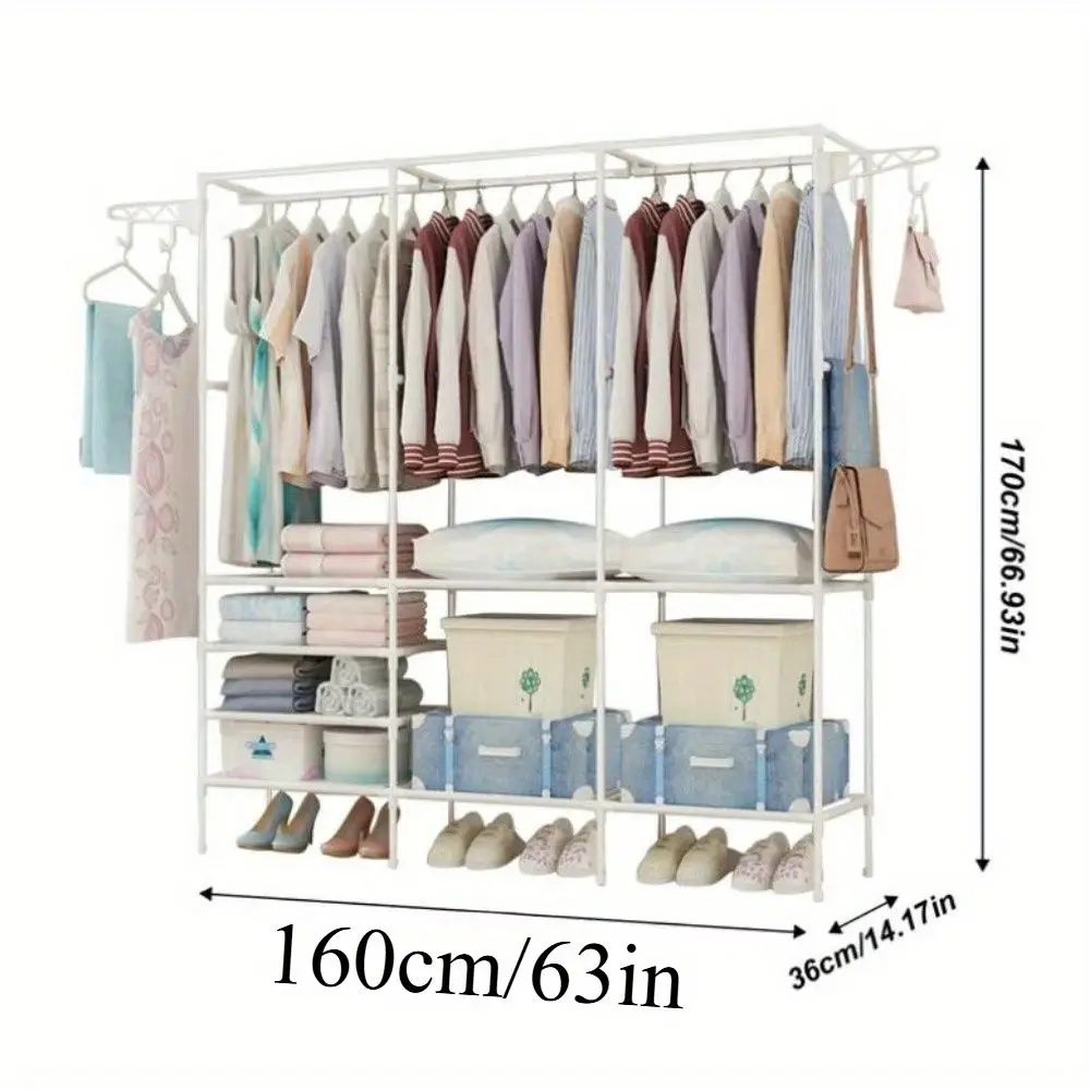67x65x13.7" Metal Clothes Rack: Triple-Row, Black/White, Drying Area, Shoe & Accessory Space, Durable Plastic