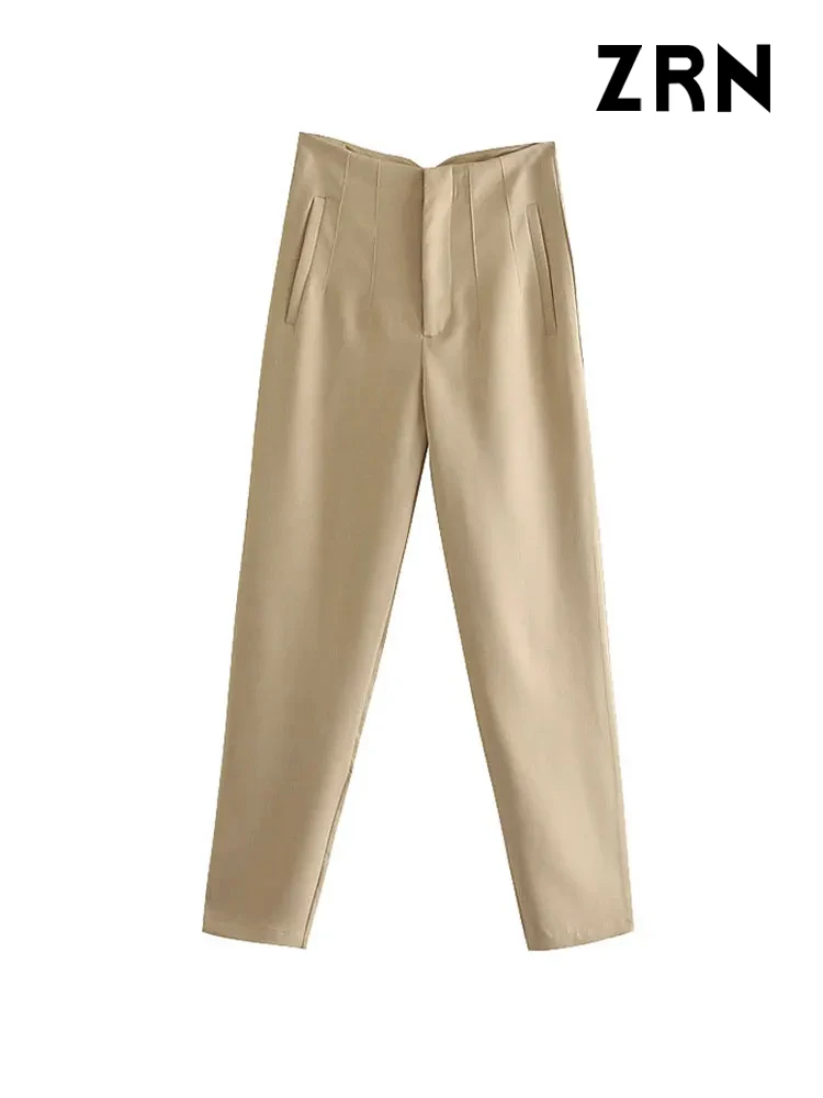 ZRN Women Chic Fashion With Seam Detail Office Wear Pants Vintage High Waist Zipper Fly Female Ankle Trousers Mujer