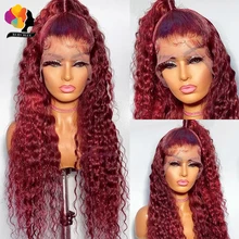 

99J Burgundy Curly Human Hair Wigs 13x4 Lace Frontal Wigs for Women Peruvian Hot Red Deep Water Wave T Part Lace Front Wig Remy