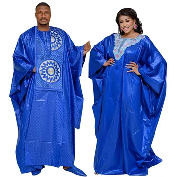 African Dresses For Couples Traditional Bazin Embroidery Dresses Floor Length Dress With Scarf Couple Design Nigeria
