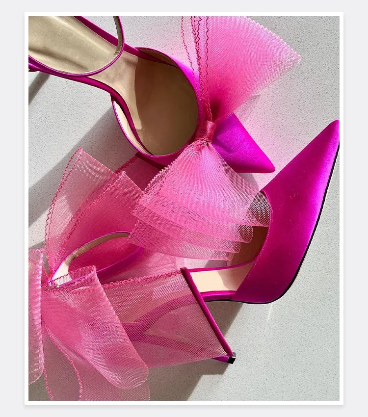 Lace bow high heels, new sexy straight line with pointed thin heels, genuine leather, socialite toe sandals