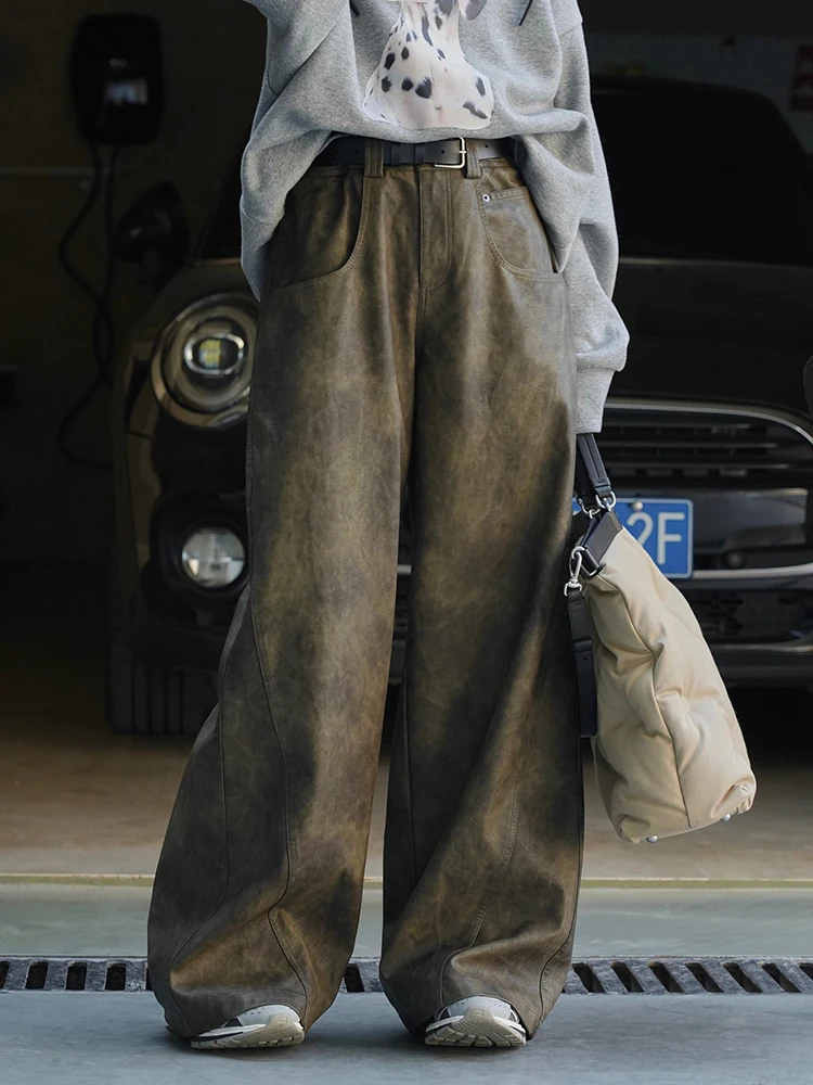 [LANMREM] Vintage High Waist Pu Leather Pants For Women Wide Leg Trousers Streetwear Clothing Female 2023 Winter New 26D7603