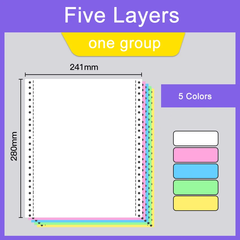 MQQ 5L/1G Computer Form Carbonless Printing Paper For Dot Matrix Printer 1000 Sheets 5 Layers One Column (One Group) Per Sheet