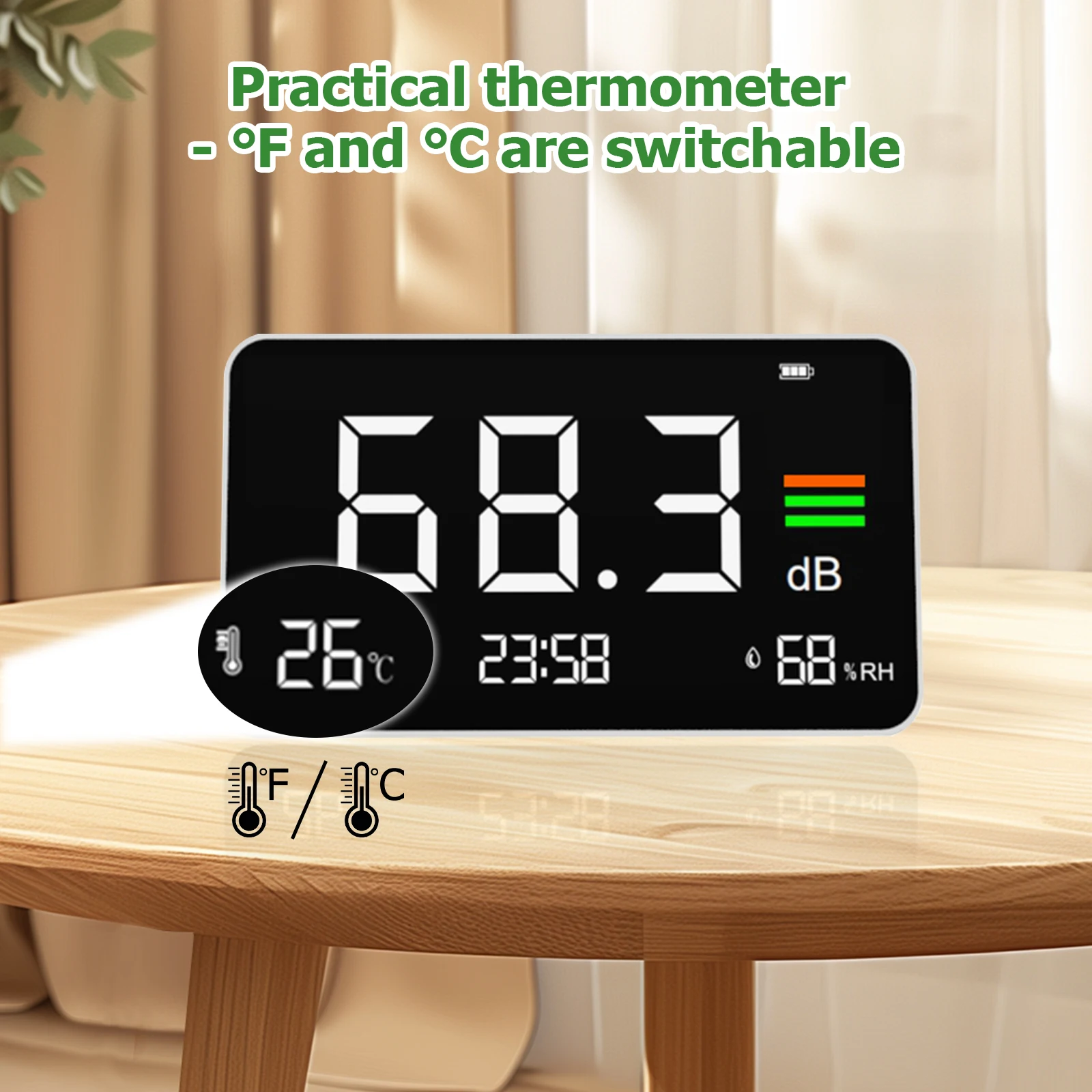 4-in-1 Digital Sound Level Meter ,Desktop Decibel Monitor 30-130dB,for Noise Measureing,Library, with Time&Temp&Humidity Display 2