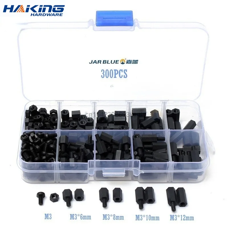 300pcs M3NH1 M3 Nylon Screw White/Black Hex Nylon Standoff Spacer Column Flat Head Nylon Plastic Spacing Screws Nuts