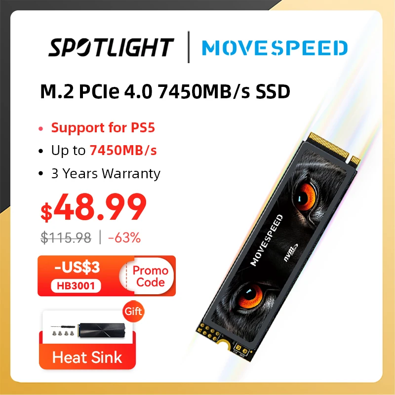 MOVESPEED 7450MB/s SSD NVMe M.2 2280 4TB 2TB 1TB Internal Solid State Hard Disk M2 PCIe 4.0x4 2280 SSD Drive for PS5 Laptop PC