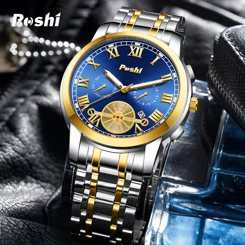 POSHI 905 ساعة كوارتز موضة ساعات رجال الأعمال حزام...