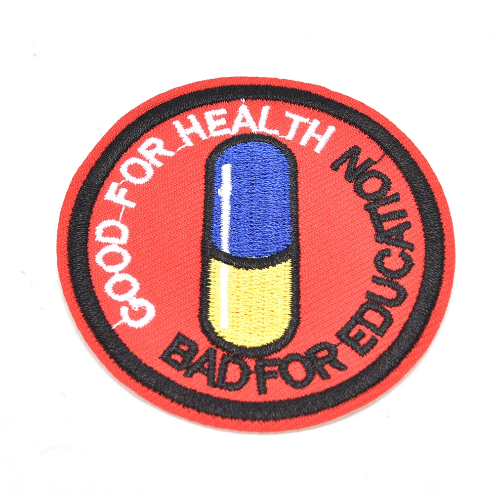 Description Picture 4 of item1pc Japanese Akira Kaneda Good For Health Bad For Education Iron Sew On Patch Akira Pill Anime Cosplay Tetsuo Badge Applique