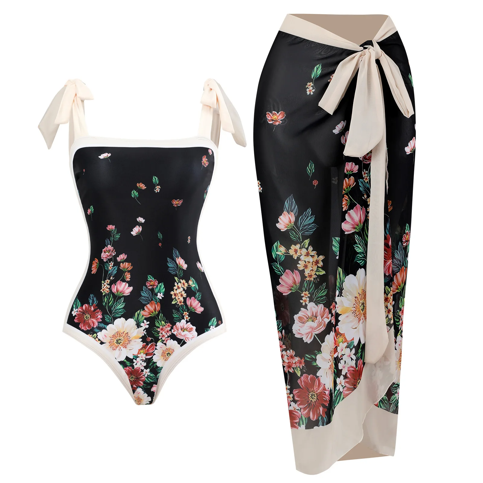 

2023 One Piece Swimsuit With Skirt Women Cover Up Printed Flower Swimwear Female Beachwear Dress Brazilian Beach Bathing Suit