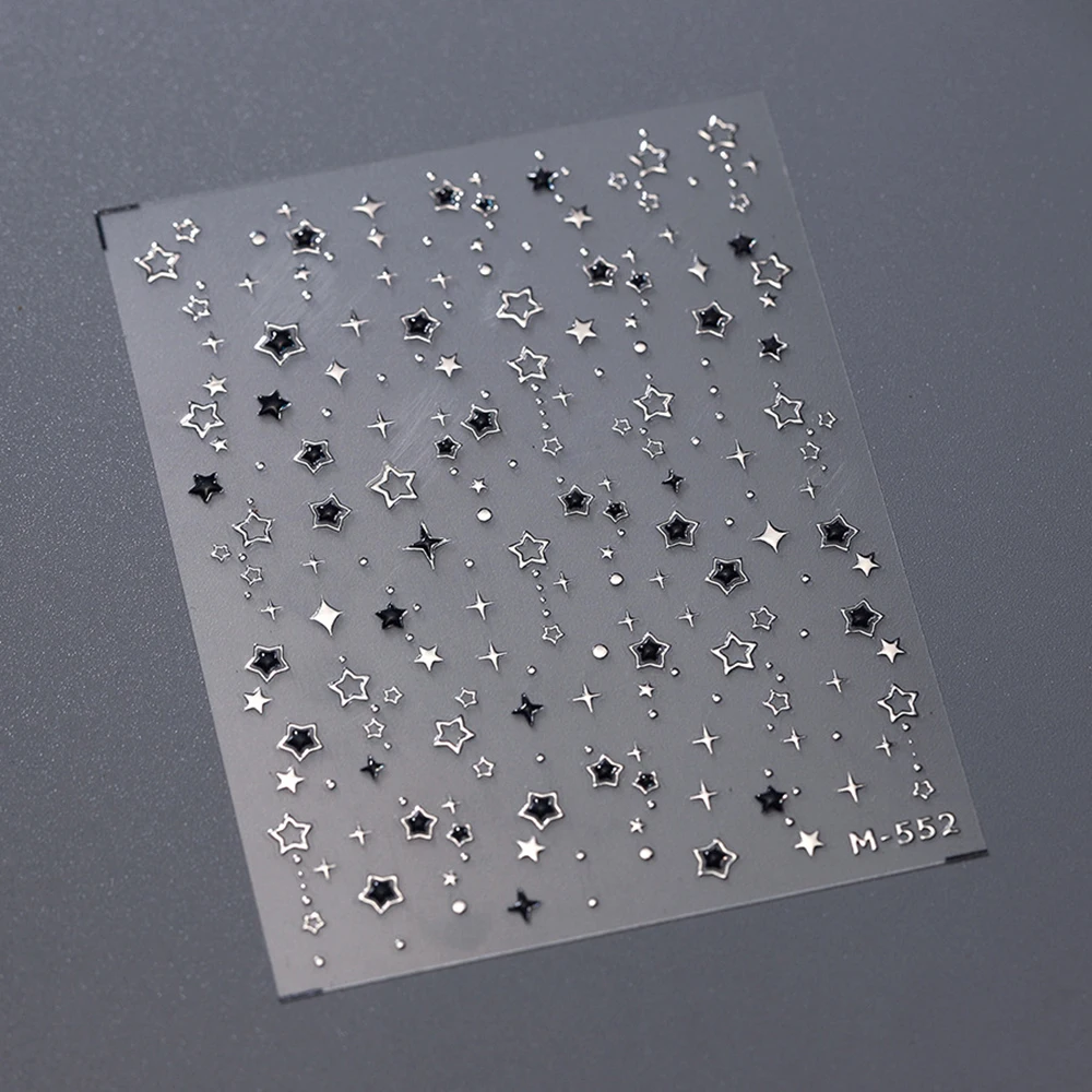 5D Luxury Star Nail Stickers for Nail Art Stars Black Silver Decals Gilding Hollow Out Five-Pointed Art Design Slider