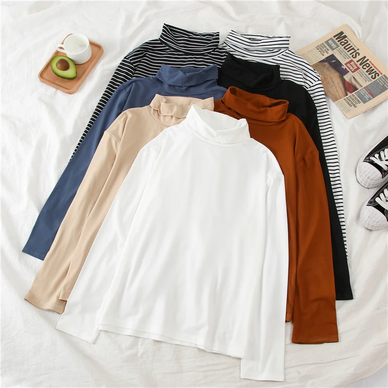 

Long Sleeve T-shirts Women Solid Turtleneck Elegant All-match Slim Tops Korean Style Autumn Winter Ladies Bottoming Tshirt