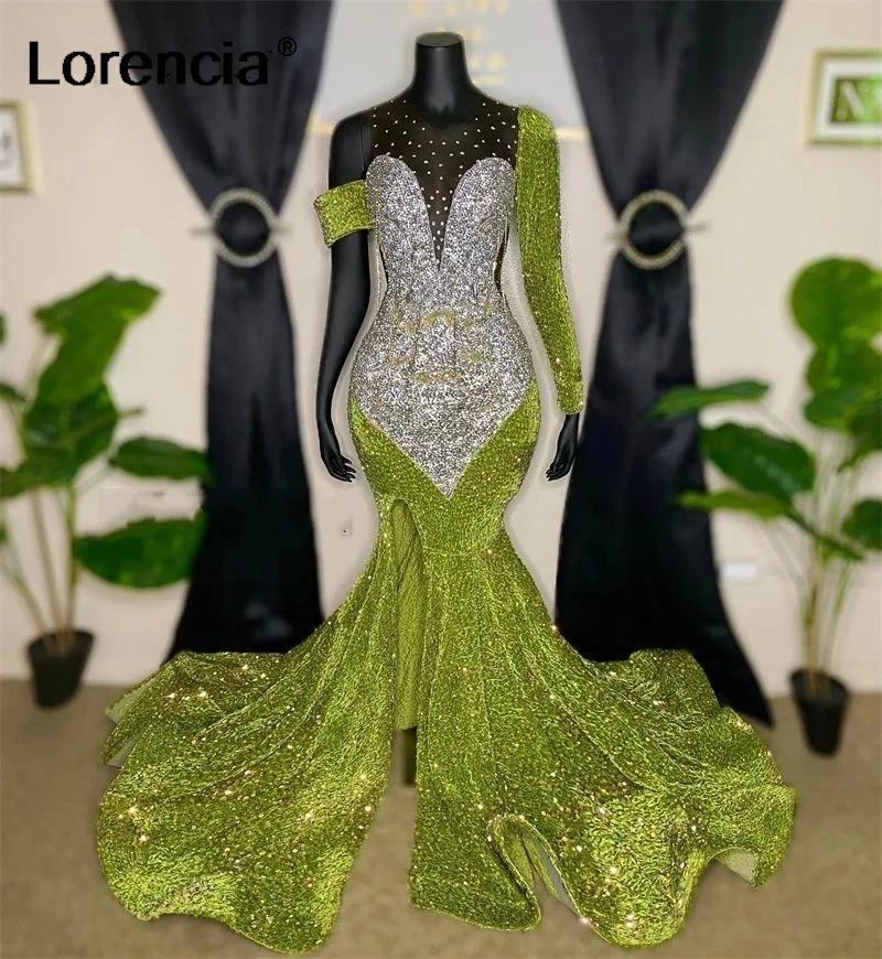 

Lorencia Green Mermaid Prom Dress For Black Girls Crystals Sequins Beads Birthday Reception Party Gown Robe De Soiree YPD75