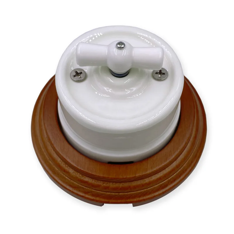 

High-quality Wall Light Knob Switch Ceramic Rotary Switch 1 Way Brown Wooden Base Set