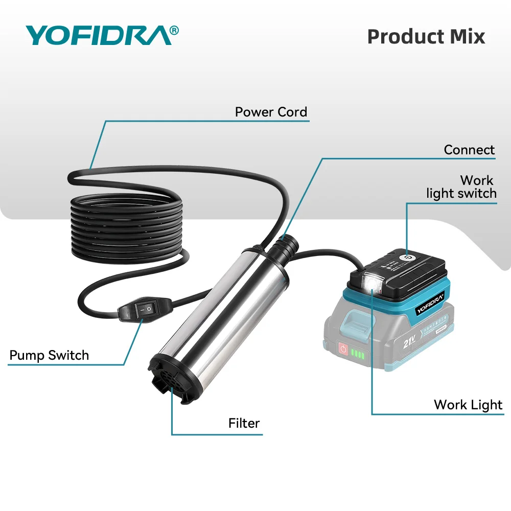 משאבת חשמלית מיני YOFIDRA 50-80 ליטר לדקה לשאיבת דיזל, שמן, מים והעברת דלק צוללת עבור סוללת Makita 21V