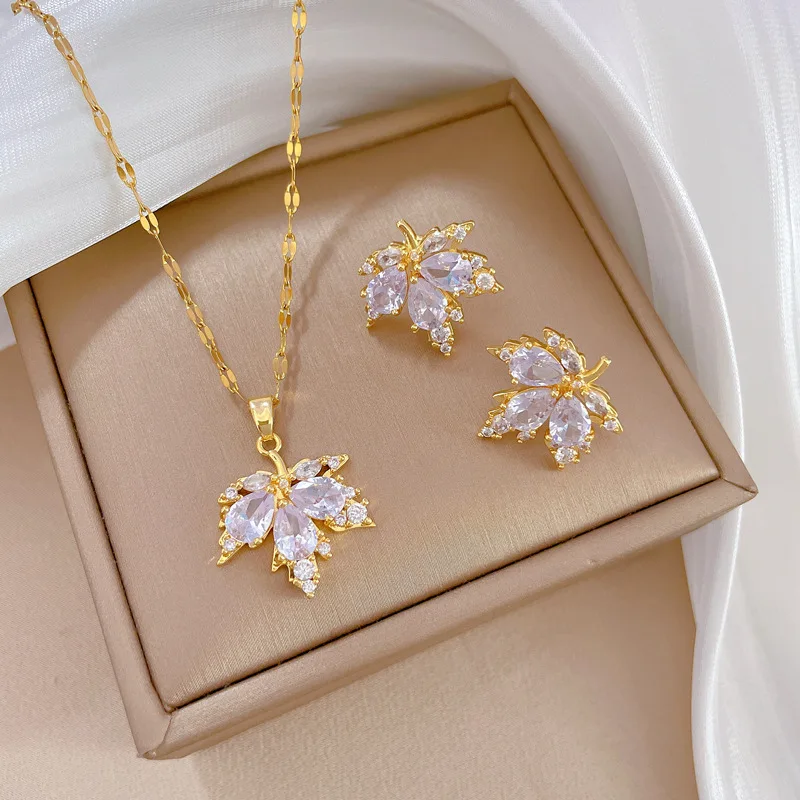 ZAKOL Luxury Shiny AAA Zircon Maple Leaf Engagement Jewelry Set Exquisite Titanium Steel Earring Necklace Sets For Women jewelry sets