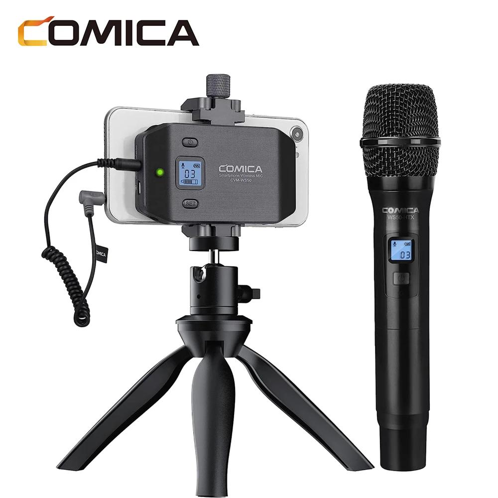 

Comica CVM-WS50H Handheld Microphone UHF Wireless Microphone 6 Channels Condenser Mic With Tripod For iPhone Samsung Android