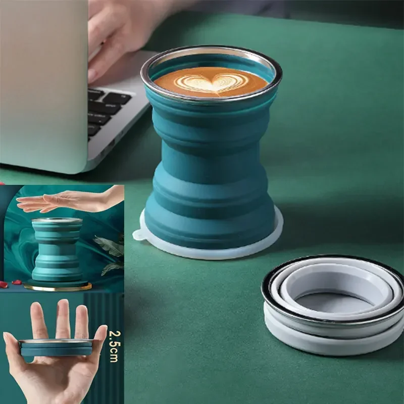 320ml Portable Silicone Folding Water Cup Outdoor Heat Resistant Telescopic Collapsible Mug Lid Travel Camping